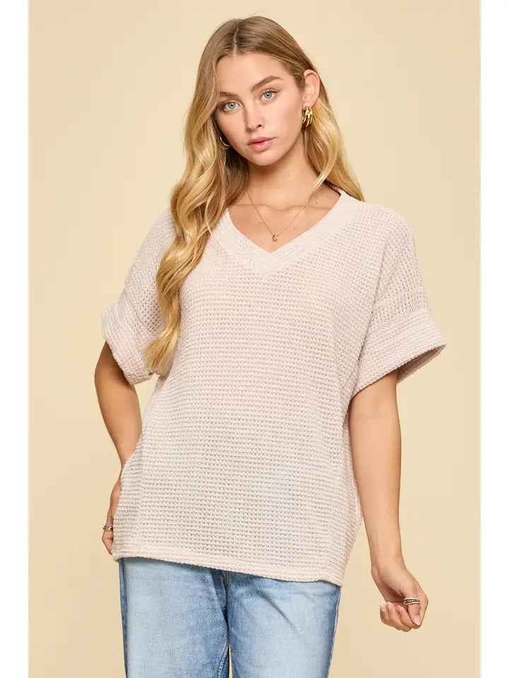 Oatmeal Two Tone Waffle Knit Top - Posh West Boutique