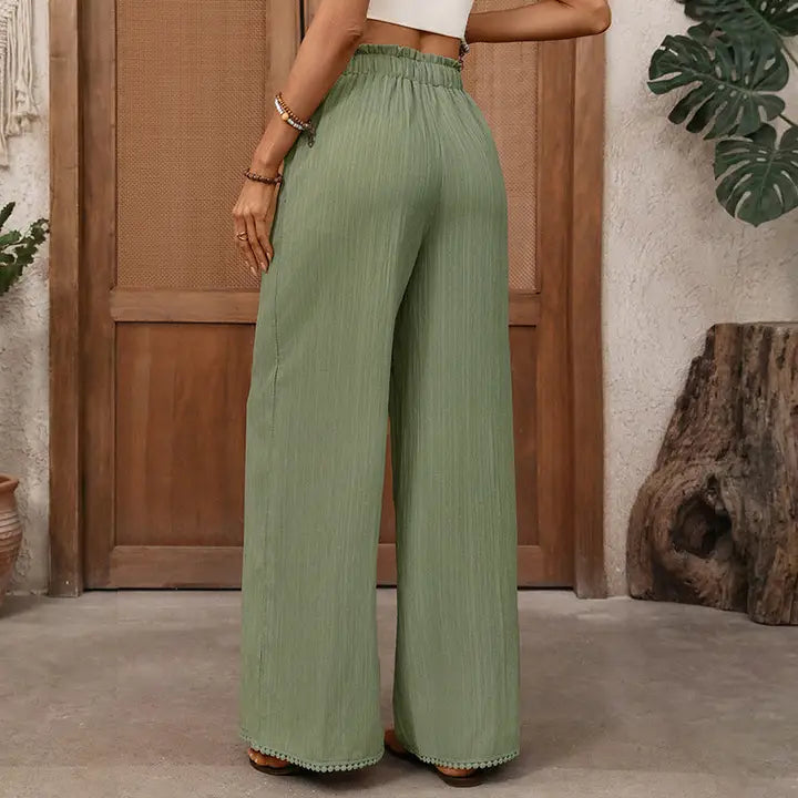 Green Wide Leg High Waist Drawstring Pants