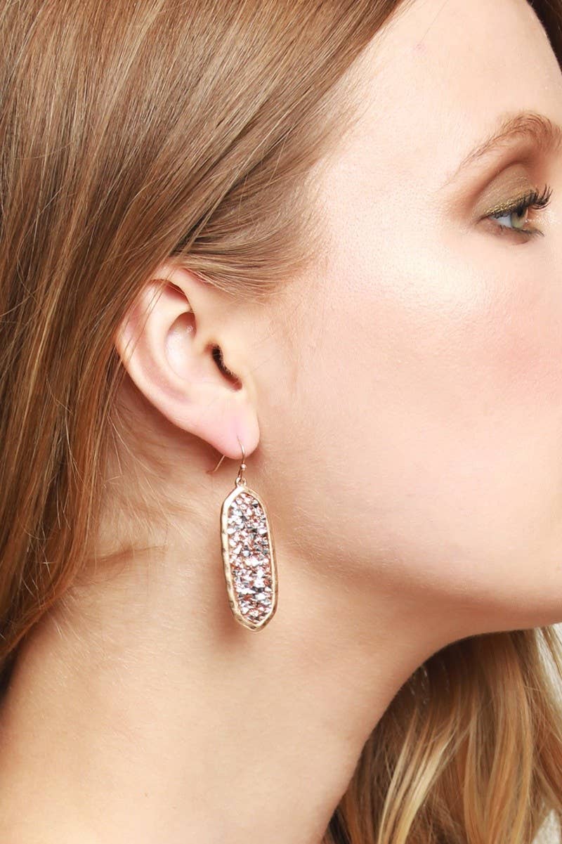 Oval Glitter Hematite Stone Hook Earrings - Posh West Boutique