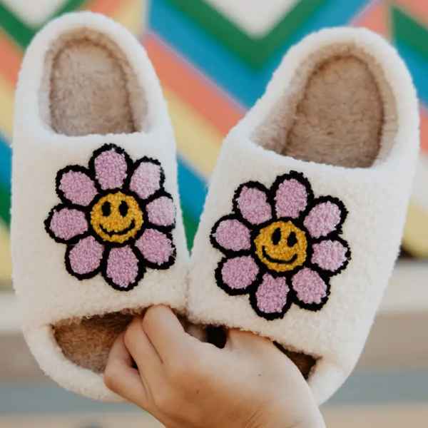 Happy Face Daisy Open Toe Slippers - Posh West Boutique