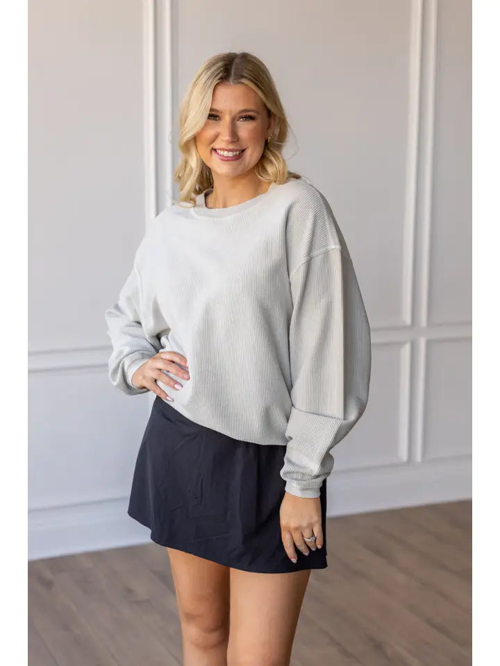 Icy Grey Corded Crew - Posh West Boutique