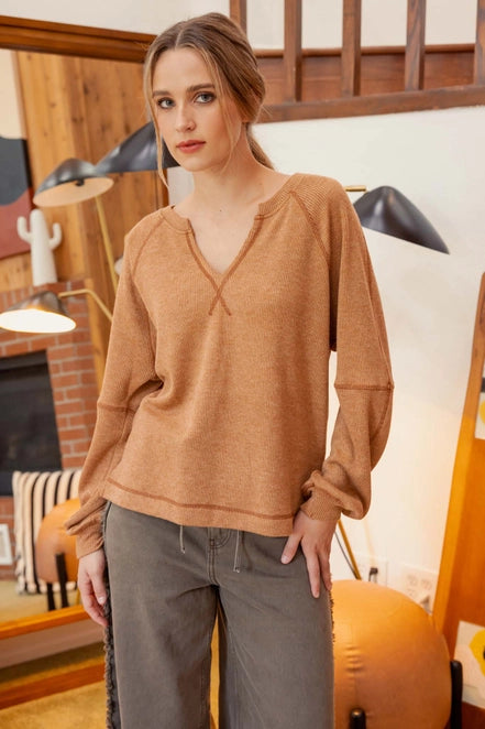 Caramel Split Neck Raglan Knit Top - Posh West Boutique