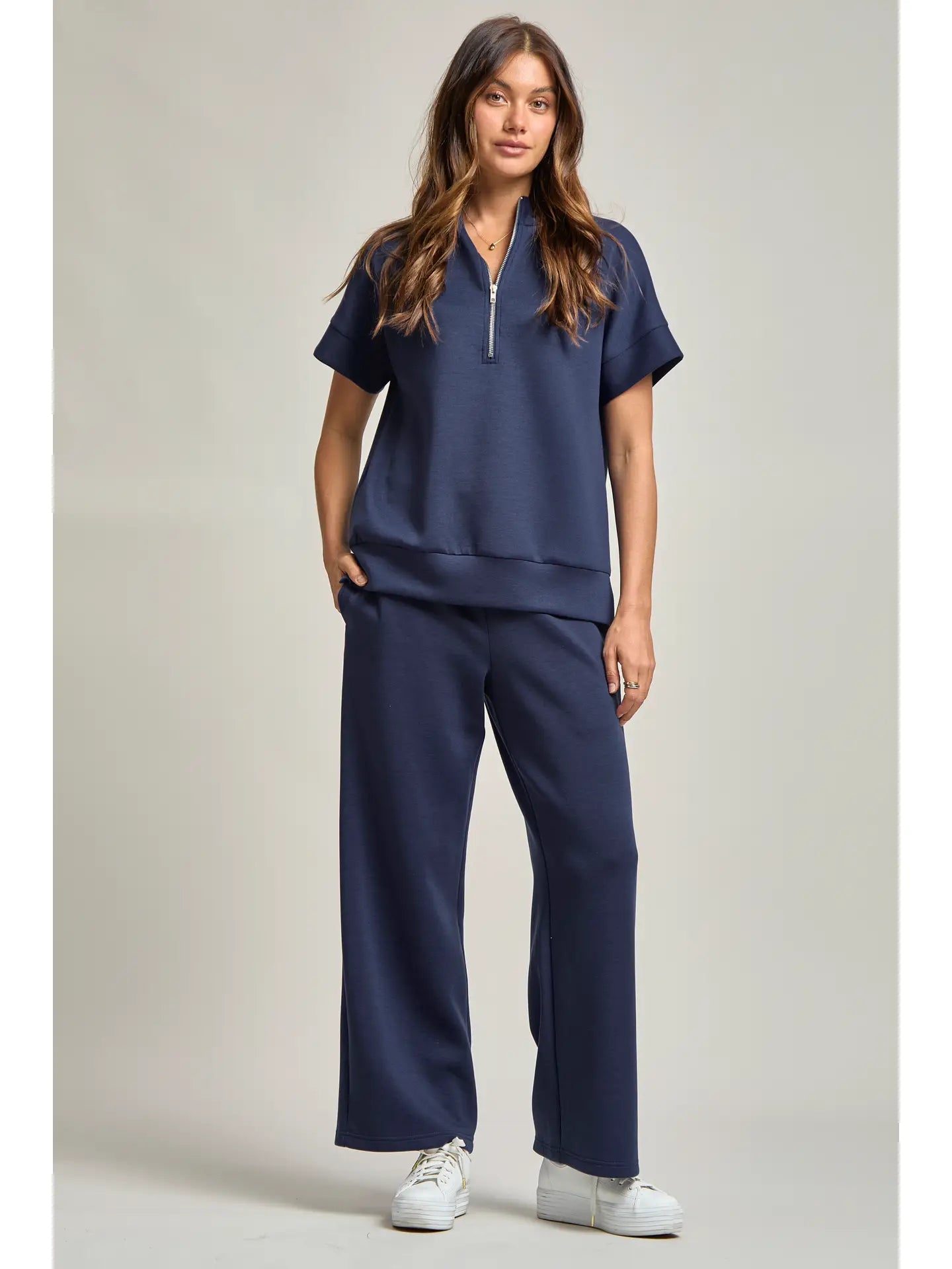 Navy Short Sleeve Quarter Zip + Pants Travel Set