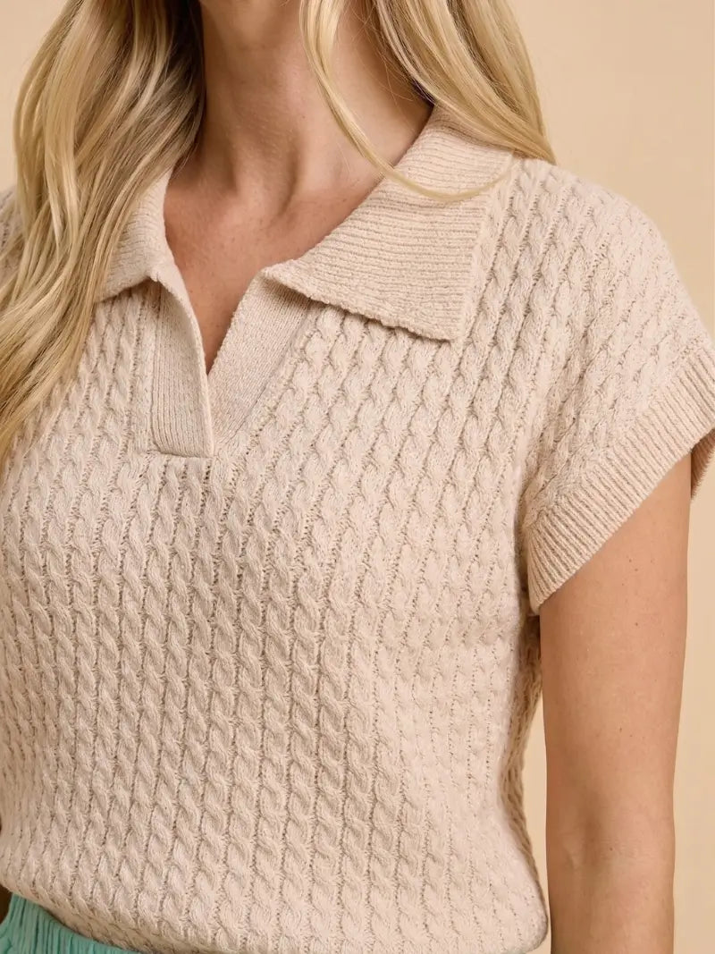 Cable Knit Short Sleeve V Neck Collar Sweater Top