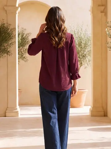 Wine Ruffle 3/4 Sleeve Button Down Front Blouse