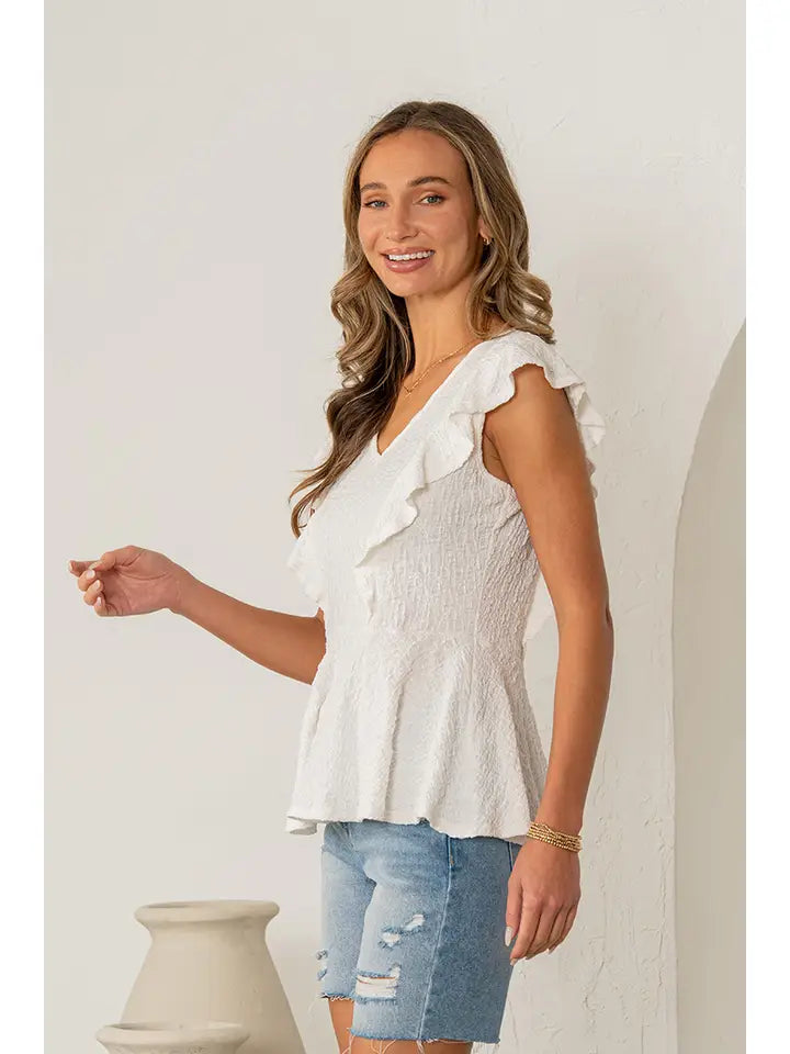 Off White Relaxed Fit V Neck Ruffle Sleeves Top - Posh West Boutique