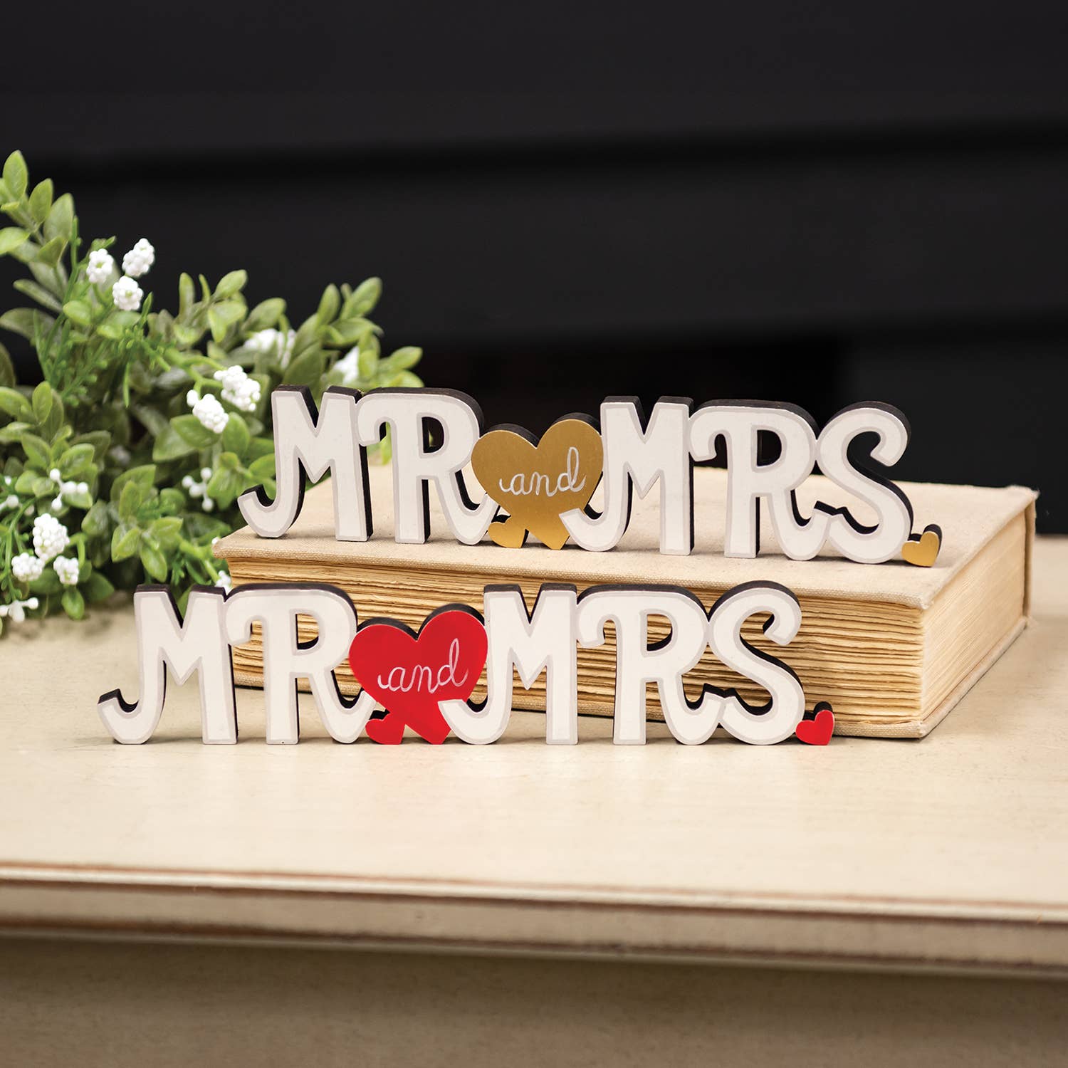 Mr. and Mrs. Wooden Cutout Sitter w/Gold Hearts - Posh West Boutique