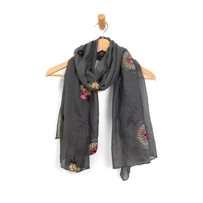 Grey Floral Embroidery Scarf - Posh West Boutique