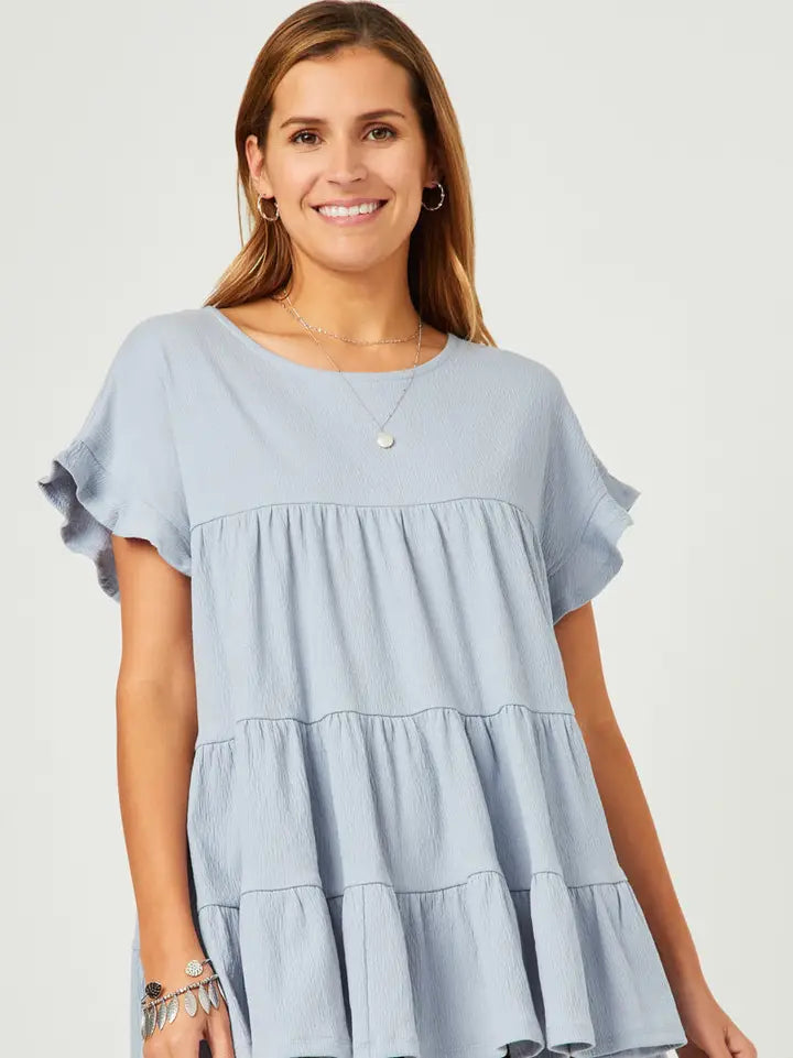 Blue Crinkle Texture Knit Tiered Top - Posh West Boutique