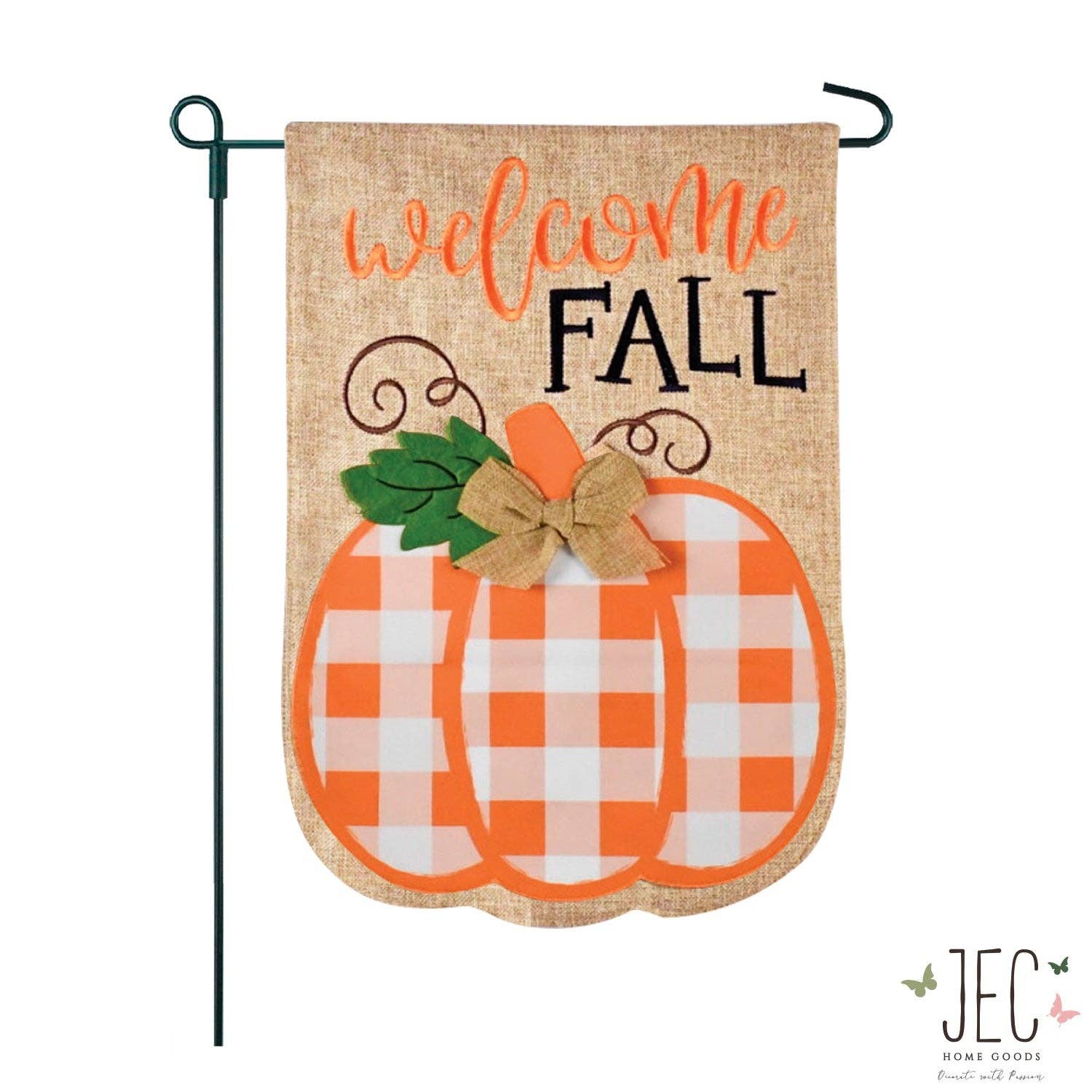 Orange and White Buffalo Plaid Pumpkin Burlap 2-Sided Garden Flag - Posh West Boutique