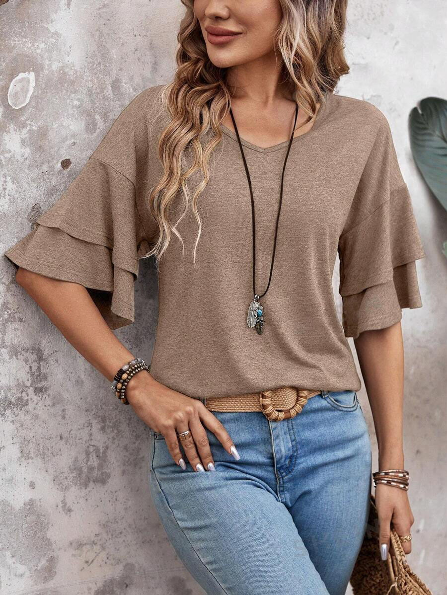 Camel Ruffle Sleeve V Neck Top