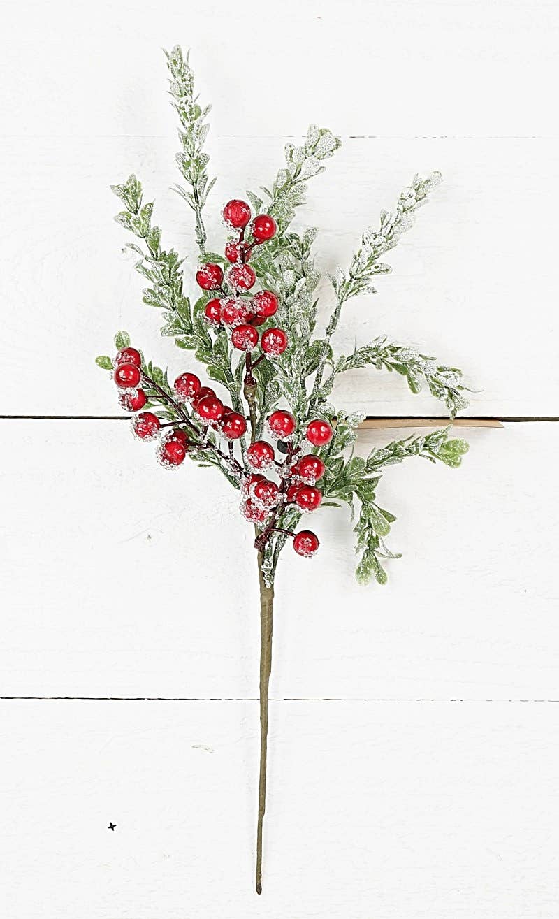 16in Pick-Icy Glittered Boxwood with Ilex Berries - Posh West Boutique