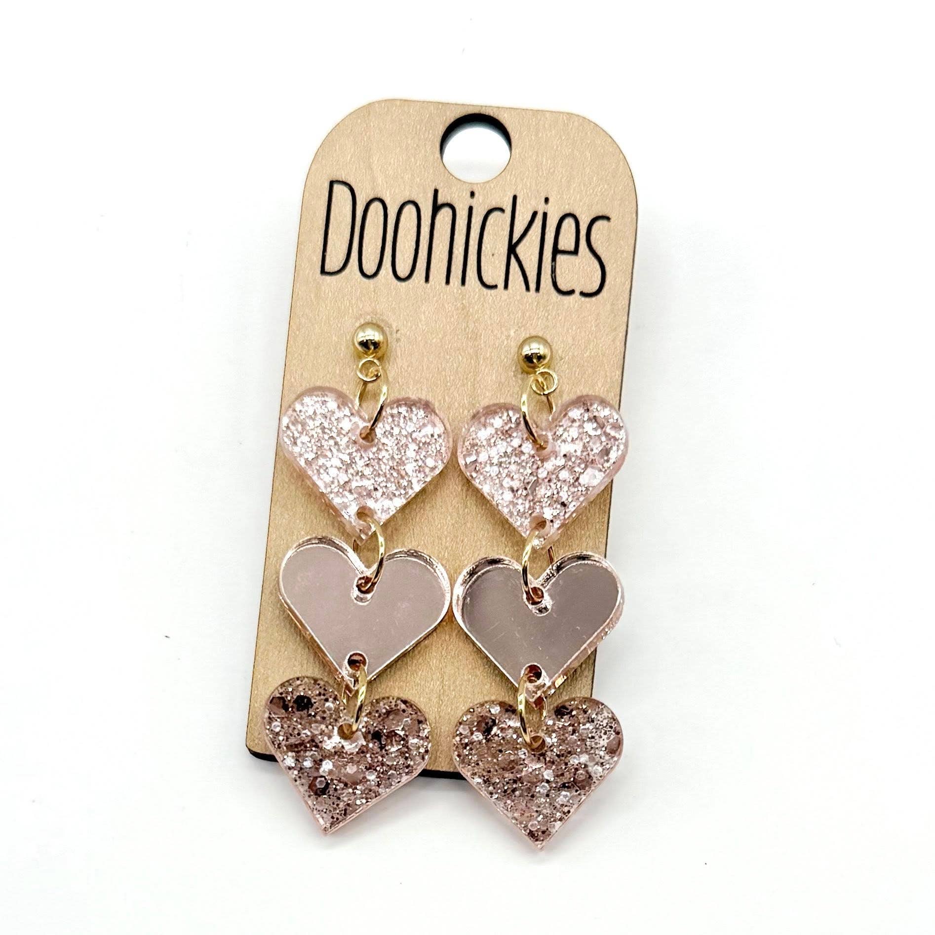 Rose Gold Shimmer Triple Heart Drop Valentines Earrings - Posh West Boutique