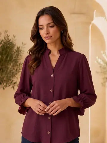 Wine Ruffle 3/4 Sleeve Button Down Front Blouse