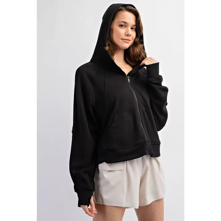 Black French Terry Long Sleeve Full Zip Hoodie Top - Posh West Boutique
