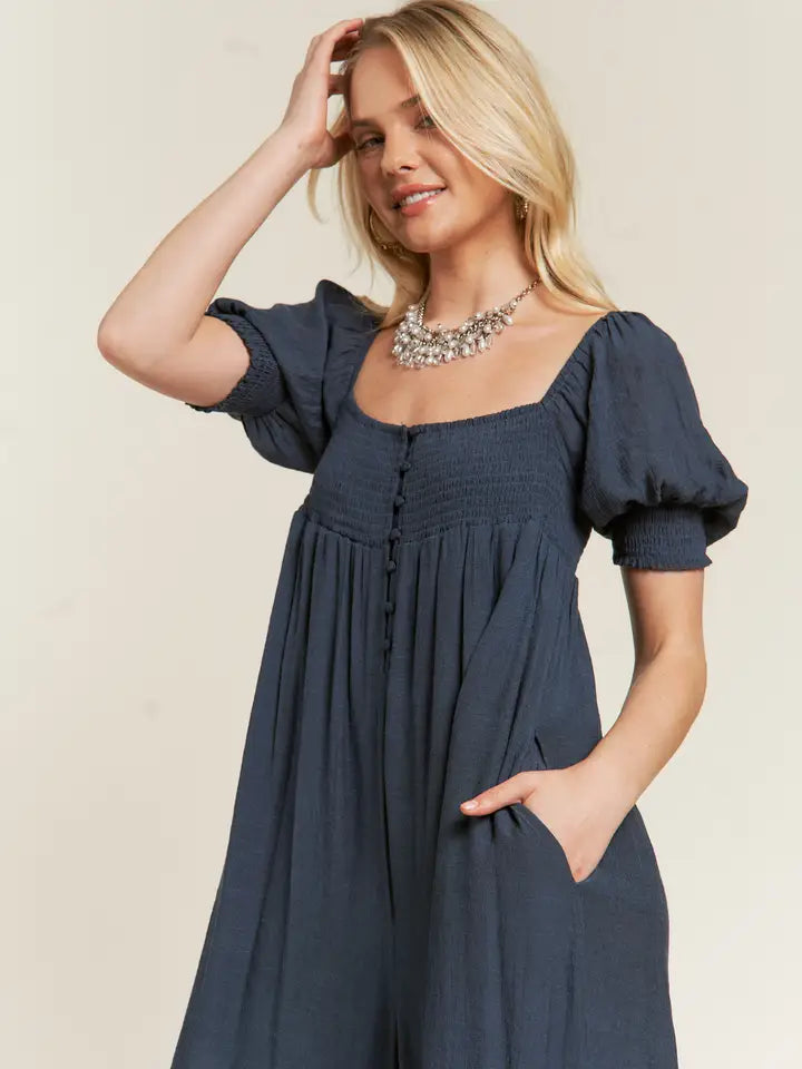 Navy Smocked Wide Leg Jumpsuit - Posh West Boutique
