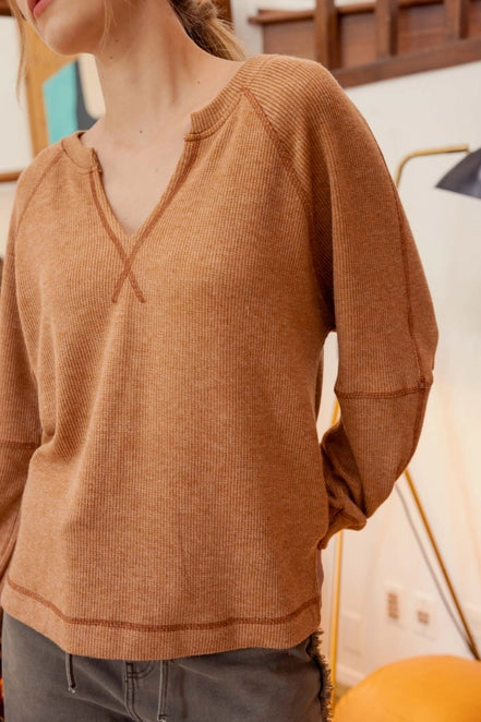 Caramel Split Neck Raglan Knit Top - Posh West Boutique