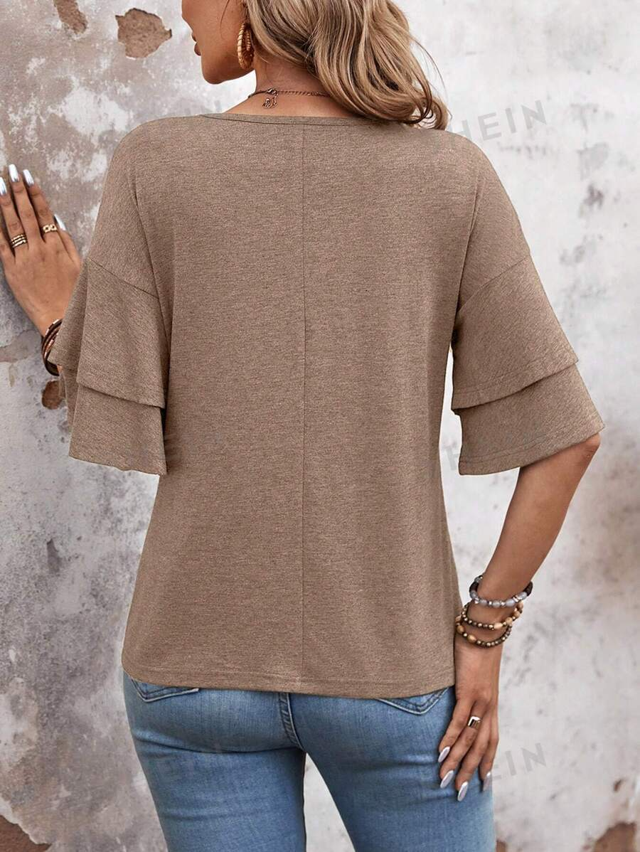Camel Ruffle Sleeve V Neck Top