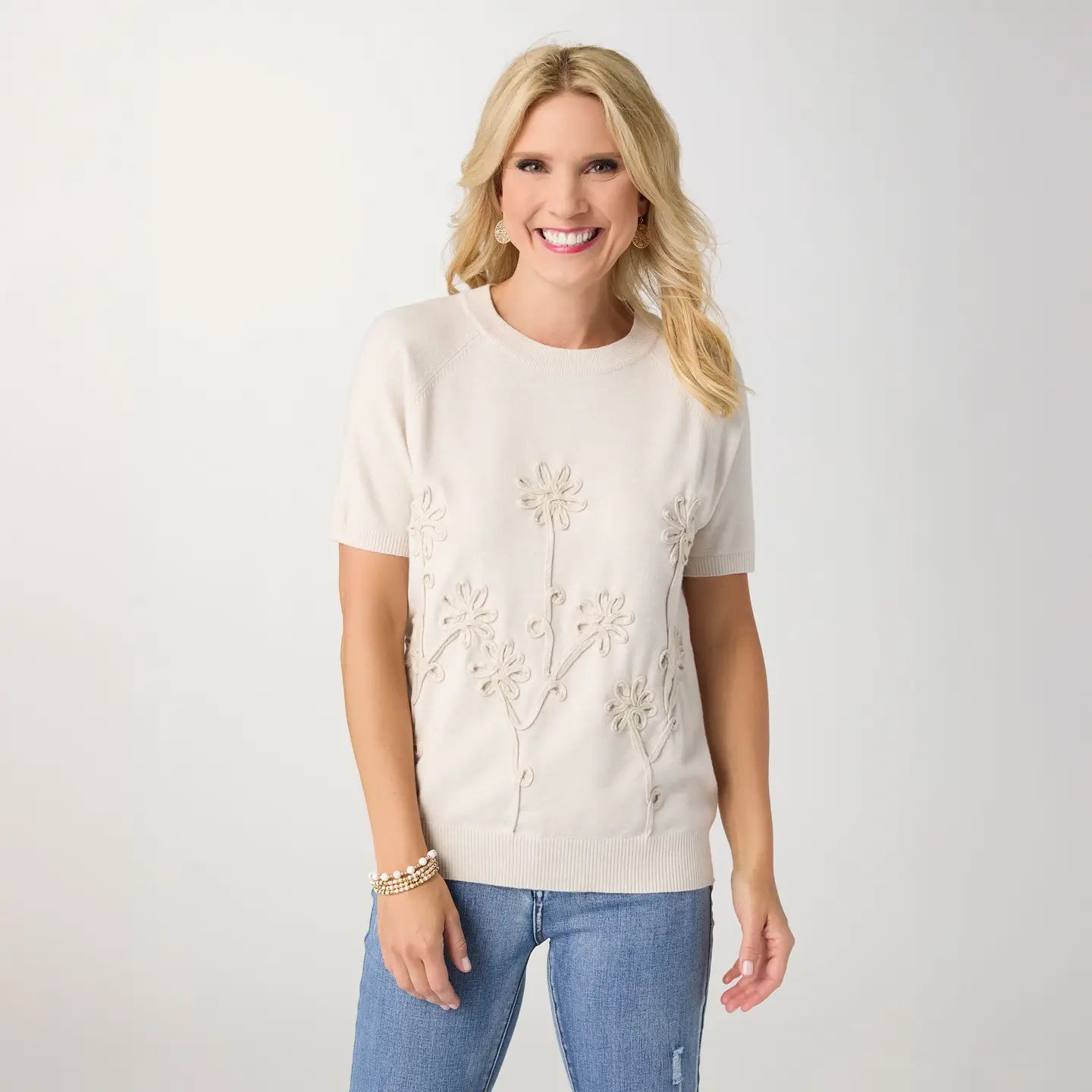 Lightweight Luxe Oatmeal Short Sleeve Floral Sweater