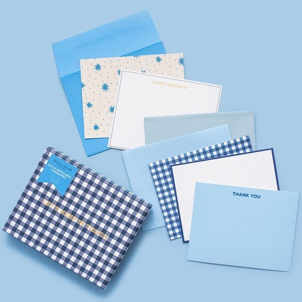 Blue and Stars Gingham Greeting Cards- Set of 12 Cards - Posh West Boutique