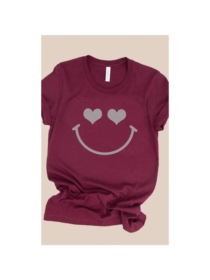 Heather Maroon Heart Eyes Smiley Face Tee - Posh West Boutique