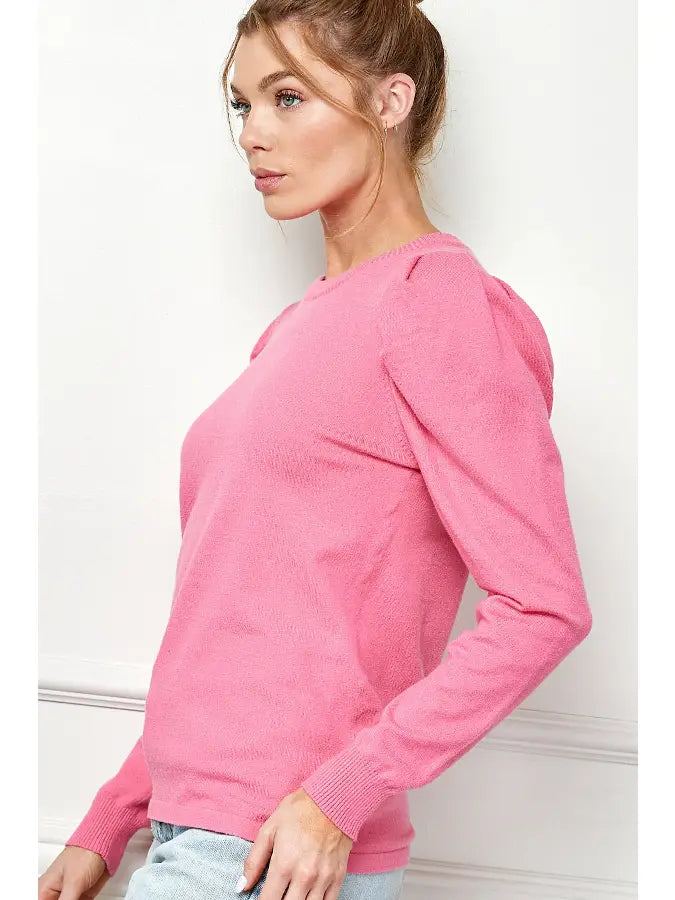 Hot Pink Puff Sleeve Round Neck Sweater - Posh West Boutique