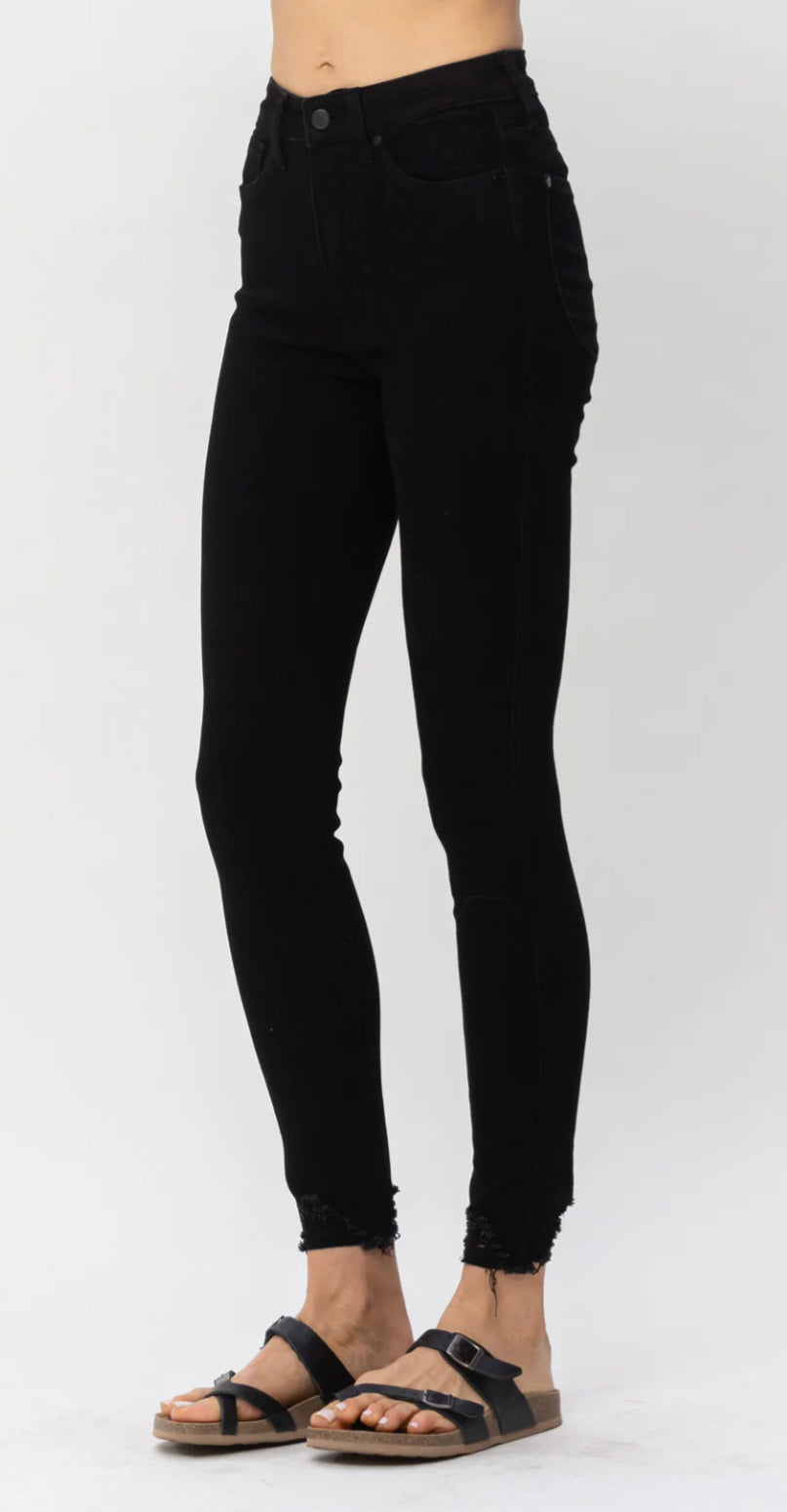 Judy Blue Tummy Control Shark Bite Black Skinny Jeans - Posh West Boutique