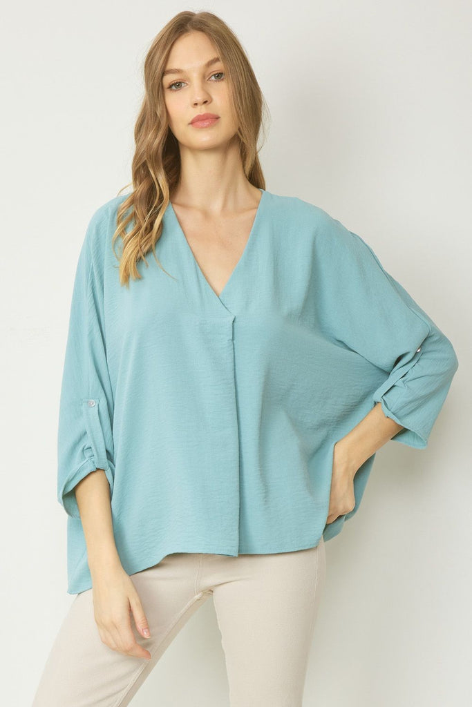 V-Neck Button Detail Blouse in Aquamarine | Posh West Boutique