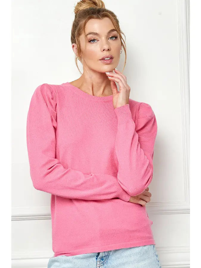 Hot Pink Puff Sleeve Round Neck Sweater - Posh West Boutique