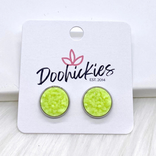 Lime Green 12mm Druzy Earrings - Posh West Boutique