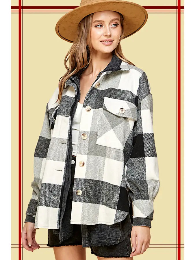 Black/Ivory Plaid Button Down Lined Shacket - Posh West Boutique