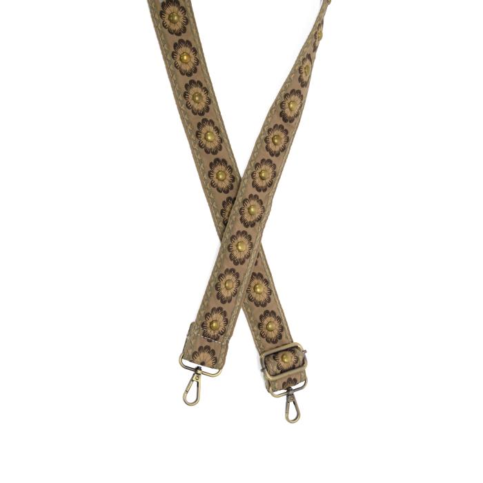 Tan Studded Daisy Embroidered Guitar Strap - Posh West Boutique