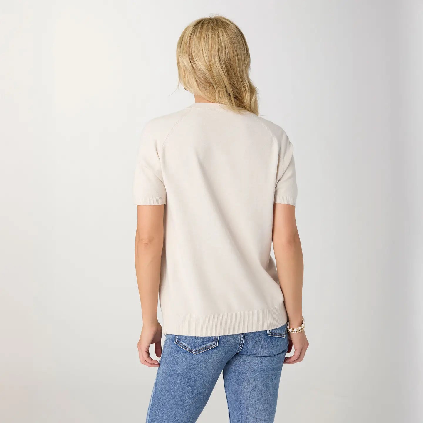 Lightweight Luxe Oatmeal Short Sleeve Floral Sweater