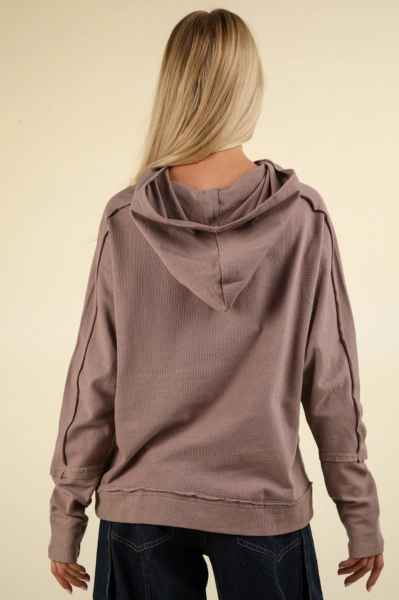 Raw Edge Cute Detailed Hoodie in Mocha - Posh West Boutique