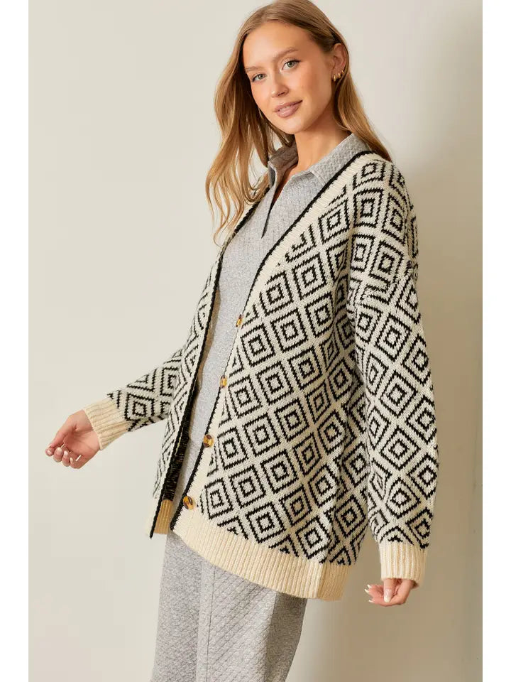 Black and Ivory Mono Pattern Sweater Cardigan - Posh West Boutique