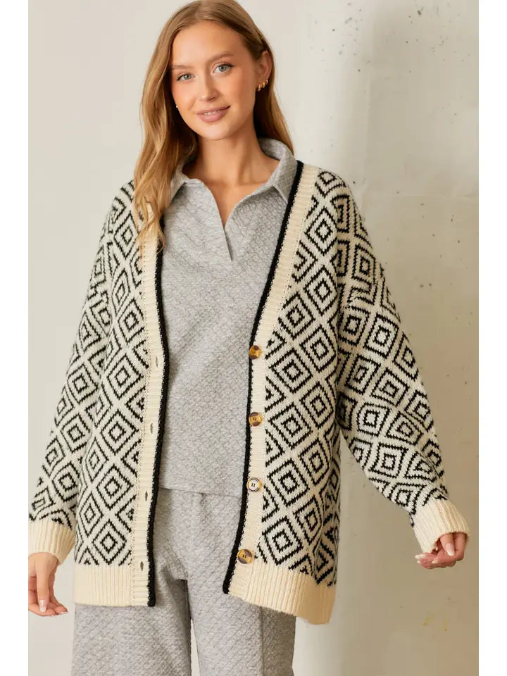 Black and Ivory Mono Pattern Sweater Cardigan - Posh West Boutique