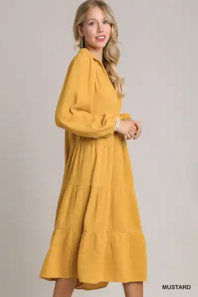 Mustard Long Sleeve Gauze Dress - Posh West Boutique