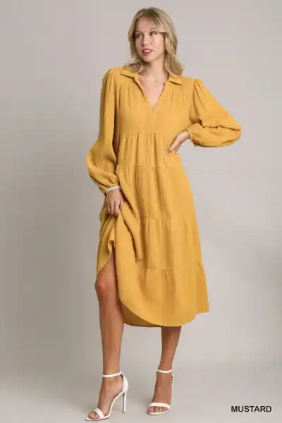 Mustard Long Sleeve Gauze Dress - Posh West Boutique