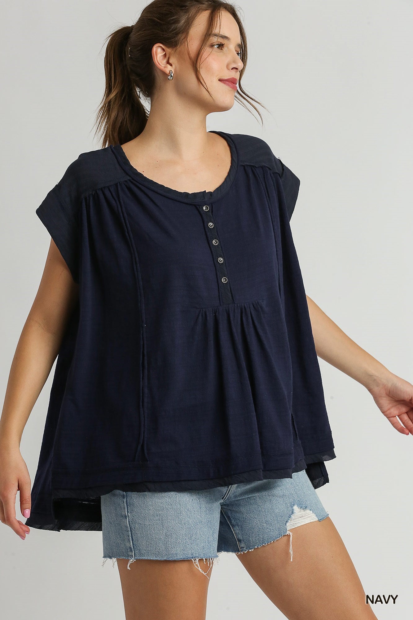 Navy- Oversized Mid Button Top - Posh West Boutique