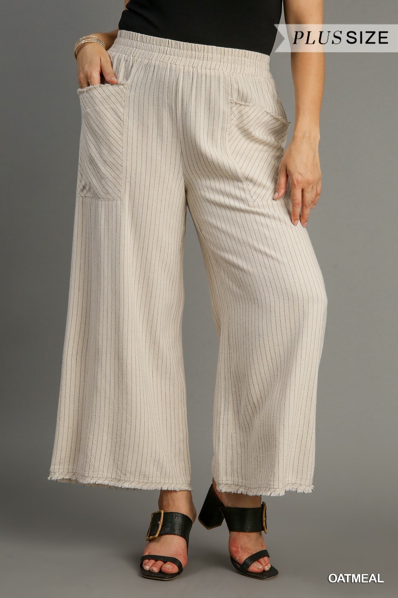 Oatmeal Striped Linen Wide Leg Frayed Detail Pant - Posh West Boutique