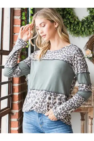 Olive and Leopard Contrast Long Sleeve Top - Posh West Boutique