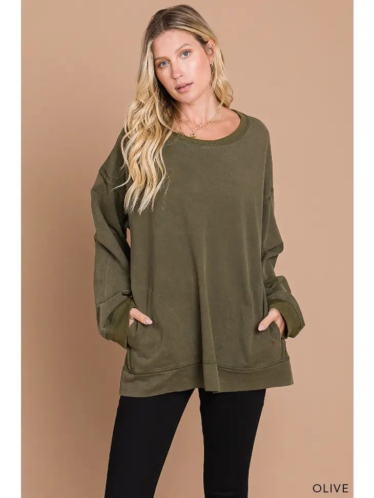 Olive Long Sleeve Top with Pockets - Posh West Boutique