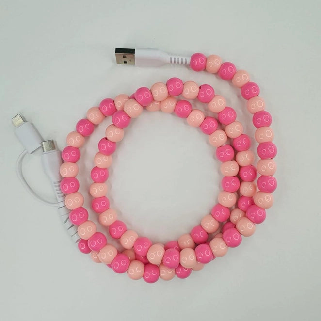 Pink Beaded Dual Lightening Phone Charging Cable Usb - Posh West Boutique