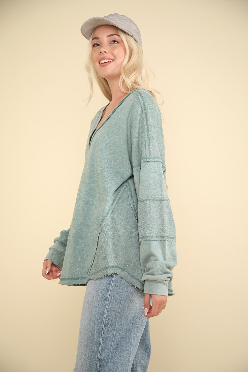 Sage Button V-Neck Washed Knit Top - Posh West Boutique