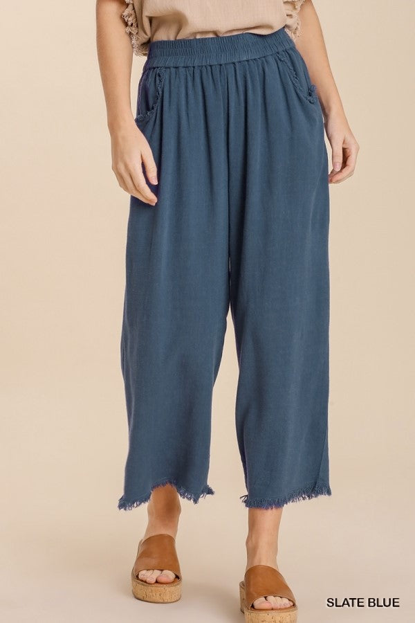 Cropped Slate Blue Pull-On Gauze Pants - Posh West Boutique