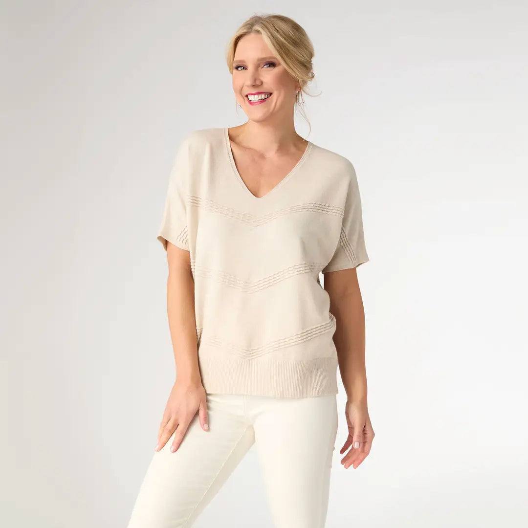 Luxe Oatmeal Lightweight V Neck Short Sleeve Sweater