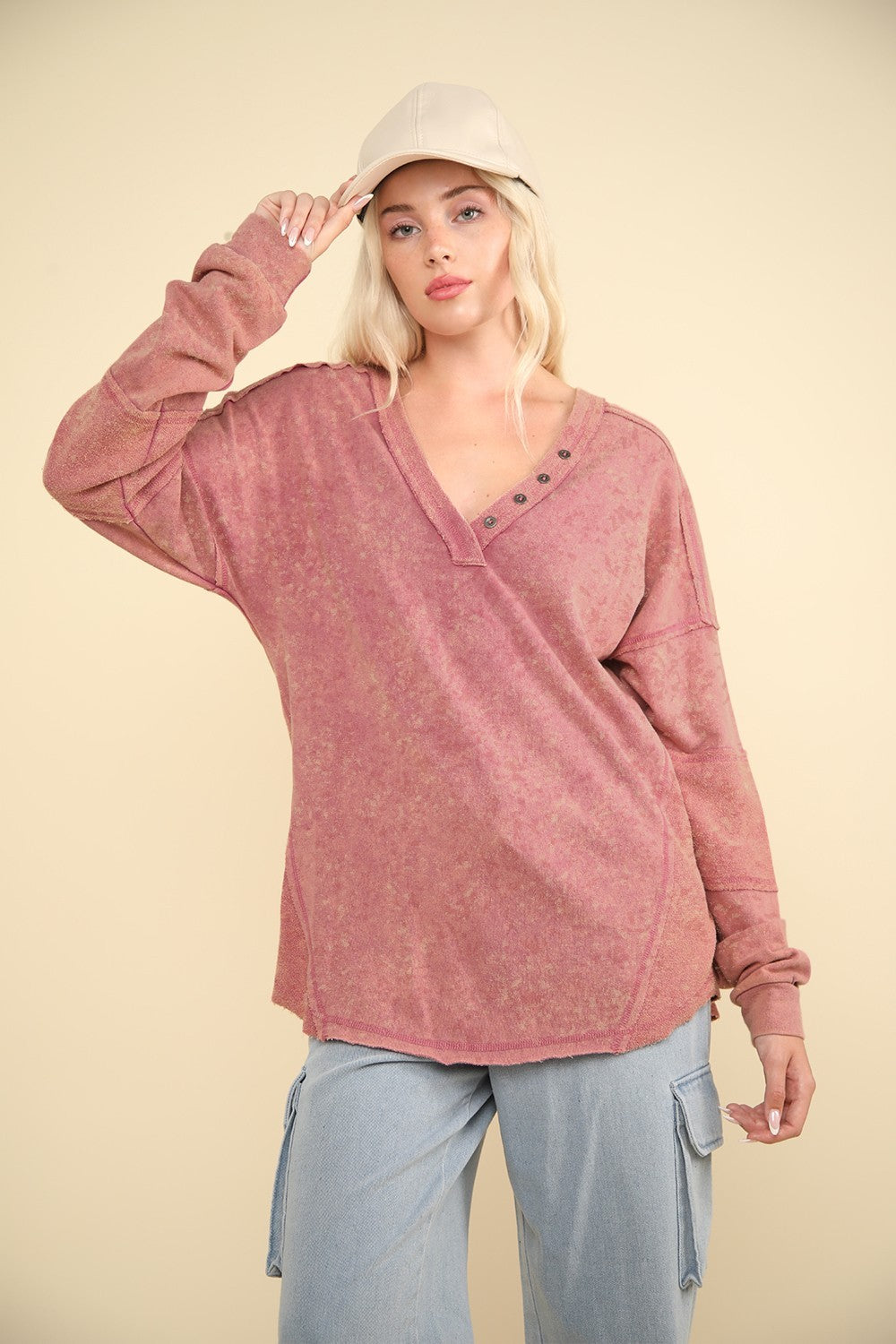 Mauve Button V-Neck Washed Knit Top - Posh West Boutique