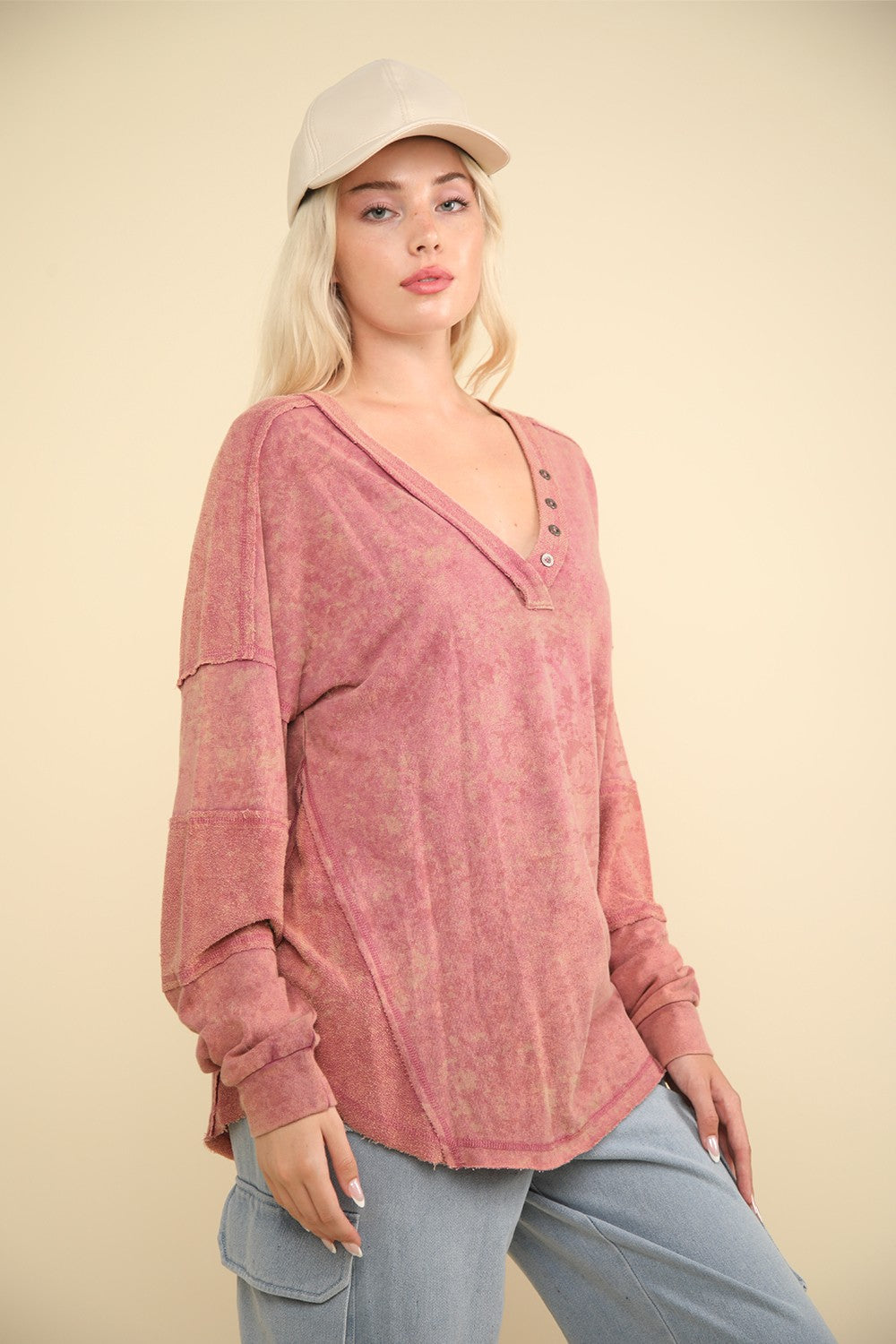 Mauve Button V-Neck Washed Knit Top