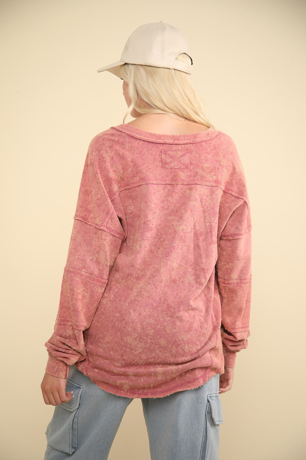 Mauve Button V-Neck Washed Knit Top