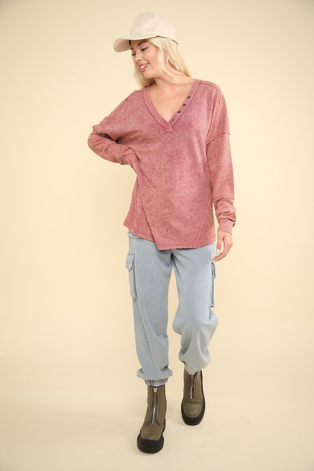 Mauve Button V-Neck Washed Knit Top